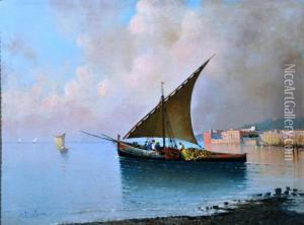 Barche E Pescatori A Mergellina Oil Painting - Salvatore Petruolo