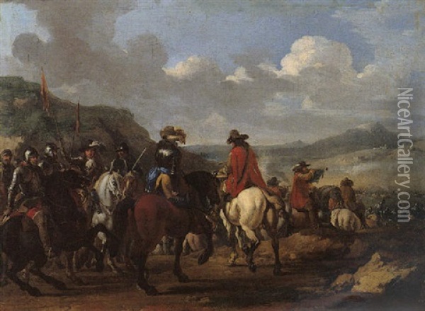 Cavalrymen Preparing To Go Into Battle Oil Painting - Antonio Calza