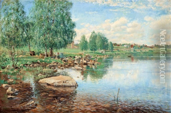 Insjolandskap Med Metande Gosse Oil Painting - Carl (August) Johansson