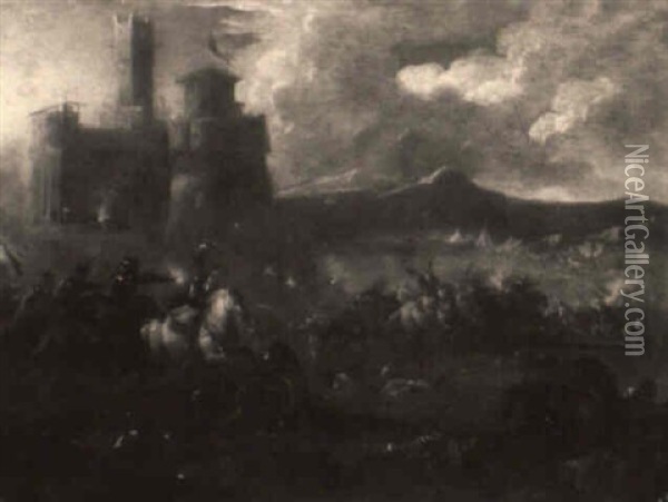Battle Scene With Calvary Before A Castle, A Bivouac In The Distance Oil Painting - Francesco Simonini