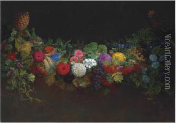 A Magnificent Garland Of Fruit And Flowers Oil Painting - Johan Laurentz Jensen