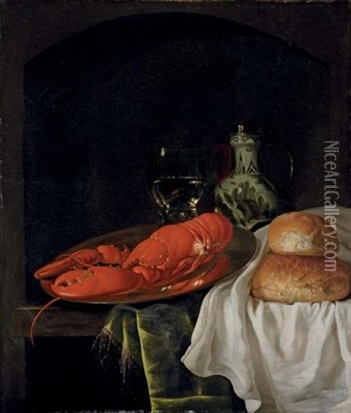 A Lobster On A Pewter Plate, A Roemer Of Wine, A Porcelain Jug And Two Bread Rolls On A White Cloth, On A Partly-draped Wooden Table In A Niche Oil Painting - Gillis Jacobz van Hulsdonck