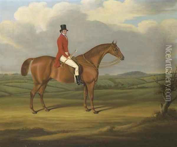 A Gentleman On A Chestnut Hunter In An Extensive Landscape With Quenby Hall Beyond Oil Painting - William Nedham