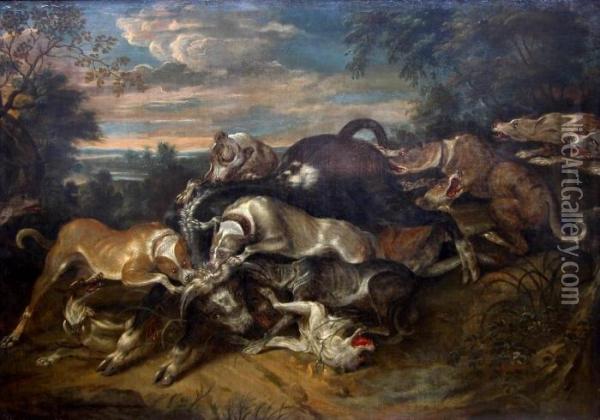 Jachthonden Die Een Stier Aanvallen. Oil Painting - Frans Snyders