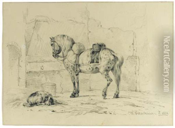 A Saddled Horse By A Stable, A Dog Nearby Oil Painting - Wouterus Verschuur