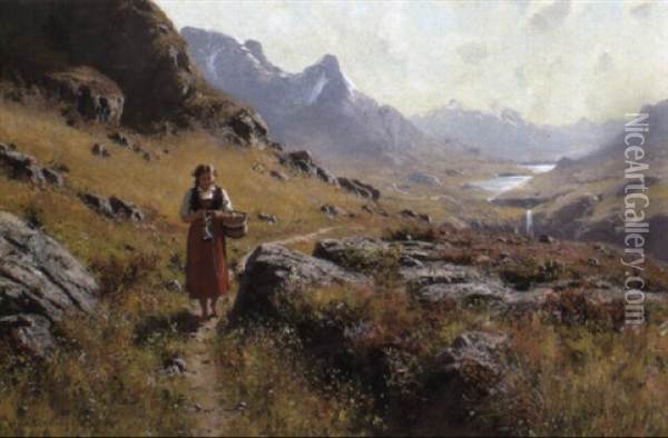 Knitting In A Norwegian Landscape Oil Painting - Hans Dahl