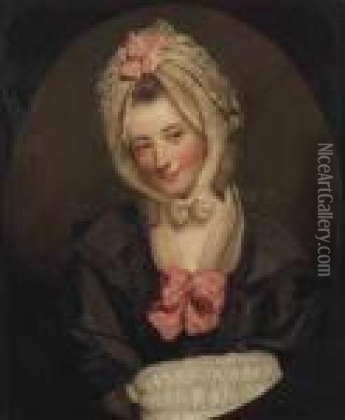 Portrait Of Catherine 
Schindlerin, Bust-length, In A Black Coat Andwhite Neck And Head Scarf 
With Pink Bows, Holding A Muff Oil Painting - Sir Joshua Reynolds
