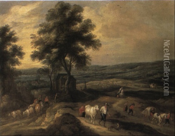Extensive Landscape With Drovers And Peasants On A Track Oil Painting - Mathys Schoevaerdts
