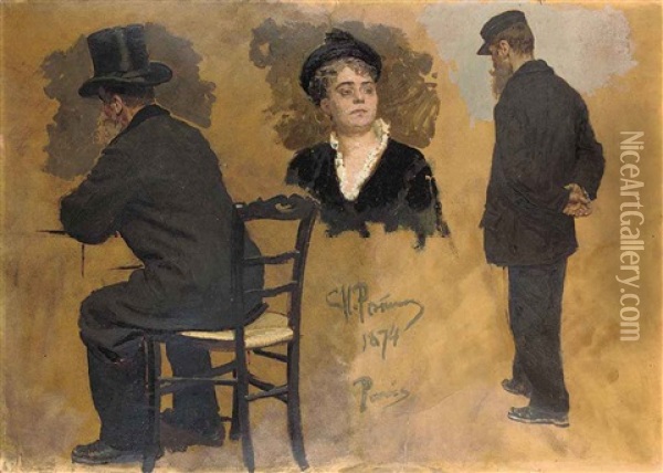 Study For A Parisian Cafe : Two Studies For Arthur Meyer (1844-1924) And A Study Of A Female Head Oil Painting - Ilya Repin