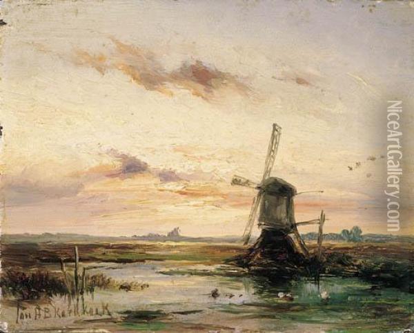 A Windmill In A Polder Landscape At Sunset Oil Painting - Johannes Hermann Barend Koekkoek