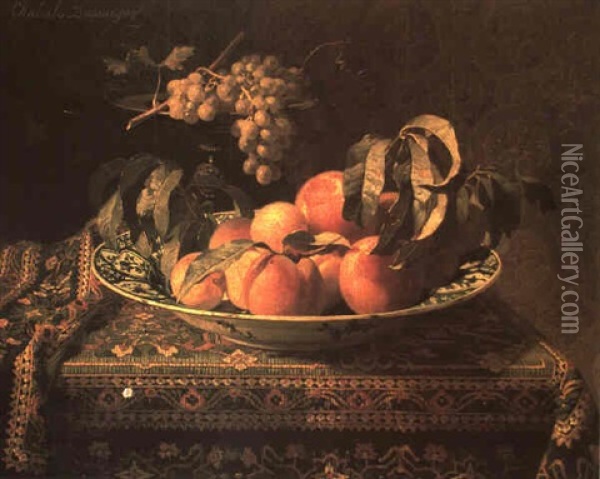 Peaches In A Bowl On A Draped Table Oil Painting - (Pierre-Adrien) Chabal-Dussurgey