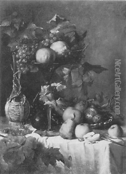 Groses Stilleben Mit Weintrauben, Weinkaraffe, Apfeln, Birnen Und Zitrusfruchten Auf Einem Weis Drappierten Tisch Oil Painting - Anthonie Boubong