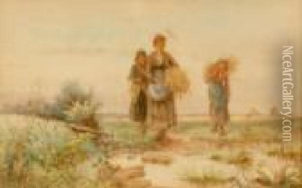 Harvest Scene With Female Farm Hands Carrying Sheaves Of Corn Oil Painting - Jozef Israels