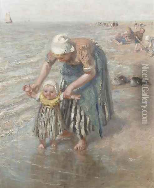First steps in the surf Oil Painting - Bernardus Johannes Blommers