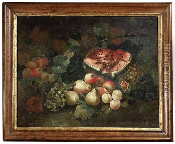 Grapes, Peaches, Pears And A Melon. Baroque Frame. Oil/canvas/canvas Oil Painting - Christian Berentz