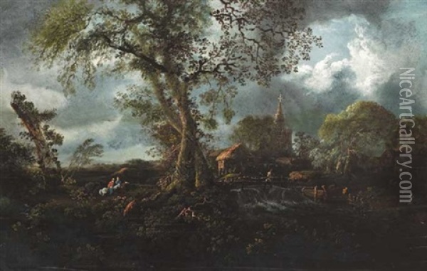 Highway Men On Horseback With Church And Ruin In Foreground Oil Painting - William Sadler the Younger