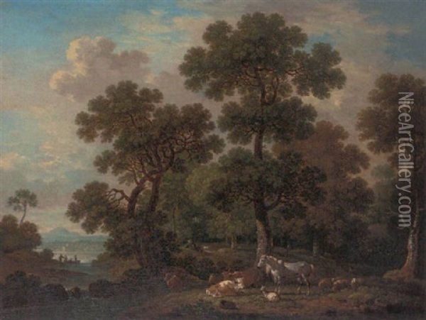A Wooded Landscape With A Shepherd And Cattle, Sheep, And A Horse By A River Oil Painting - Simon Mathurin Lantara