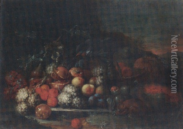Still Life Of Grapes, Peaches, Plums, Pomegranates, Figs And Melons, Together With A Red Squirrel And A Parrot In A Landscape Oil Painting - Peter Mathys Gillemans
