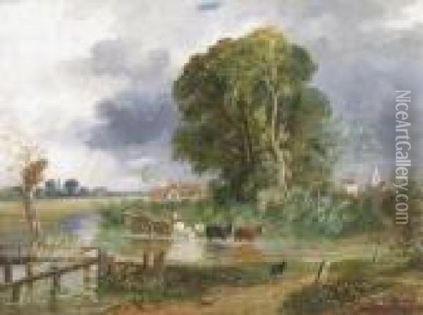 A River Landscape With A Horse And Cart Crossing A River Near A Cottage, A Church Beyond Oil Painting - John Constable