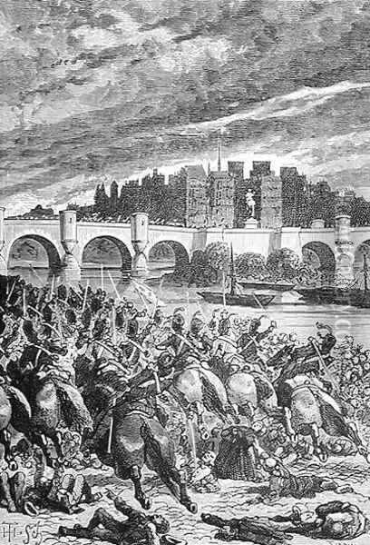 The Massacre at the Pont Neuf, engraved by Stephane Pannemaker 1847-1930, from The History of France, by Emile de Bonnechose, published by Ward, Lock and Co, London Oil Painting - Schuler, Jules Theophile