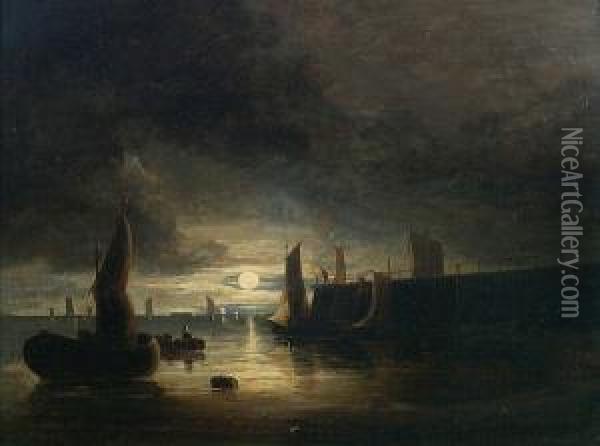 Yarmouth Jetty, Moonlight Oil Painting - John Berney Crome