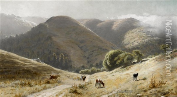 Riders And Cattle On A Marin Road Oil Painting - Thaddeus Welch