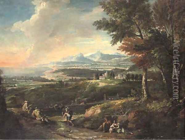 An Italianate landscape with monks and other travellers by a river, a bay beyond Oil Painting - Marco Ricci