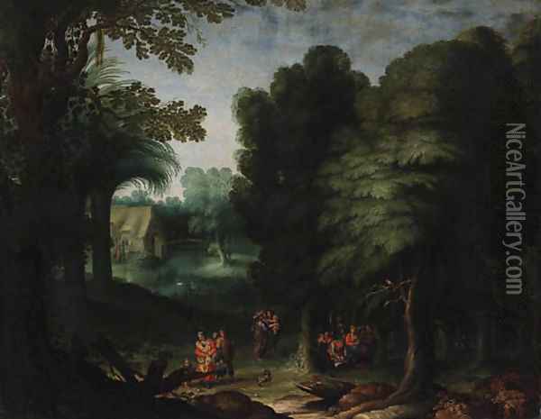 A wooded Landscape with Peasants feasting in a Clearing Oil Painting - Abraham Govaerts
