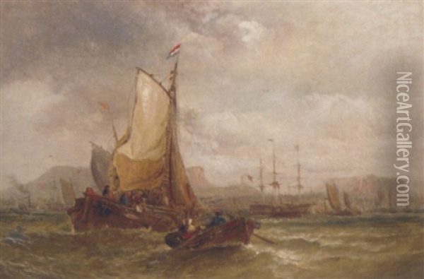 Congested Coastal Waters With A Dutch Barge Making Ready To Enter A Busy Harbour Oil Painting - George William Crawford Chambers