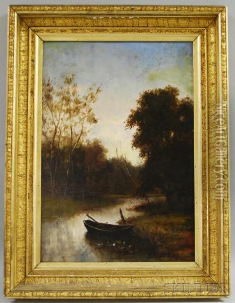 Stream With Rowboat At Dusk Oil Painting - Joseph Rusling Meeker