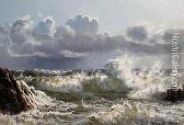 Waves Breaking Over A Rocky Coastline Oil Painting - Johannes Herman Brandt