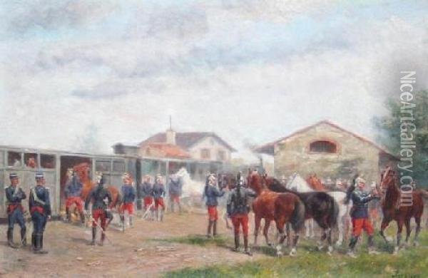 French Cuirassiers Boarding For Manuvers Oil Painting - Paul Emile Leon Perboyre