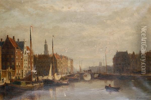 A Dutch Harbour Scene Oil Painting - Frederick Hulk Johannes