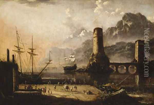 A Mediterranean harbour with stevedores on a quayside, moored ships and a bridge beyond Oil Painting - Orazio Grevenbroeck