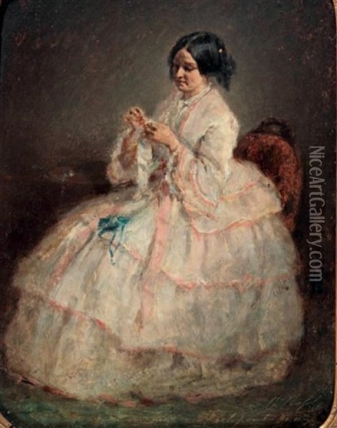 Jeune Femme Cousant Oil Painting - Charles Joshua Chaplin