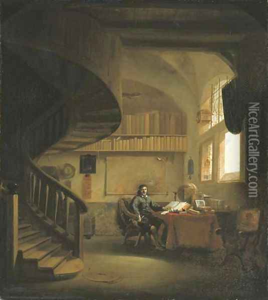 The interior of a study with a philosopher at a table by a window Oil Painting - Willem Schellinks
