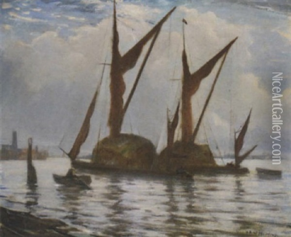 Barges On The Thames Oil Painting - Christopher Richard Wynne Nevinson