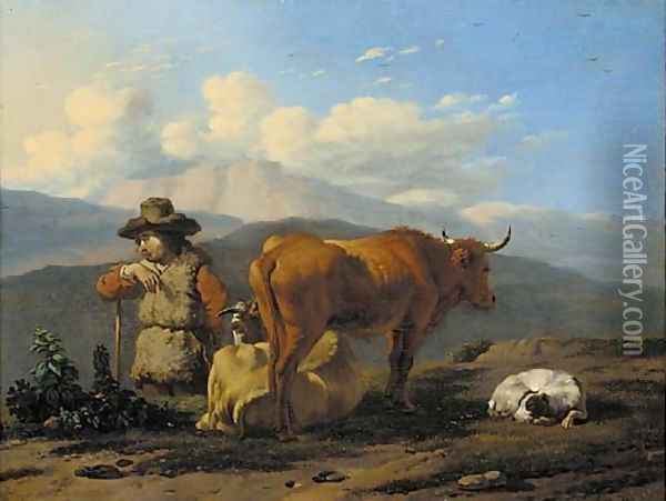 An Italianate landscape with a herdsman with cattle and a dog Oil Painting - Karel Dujardin
