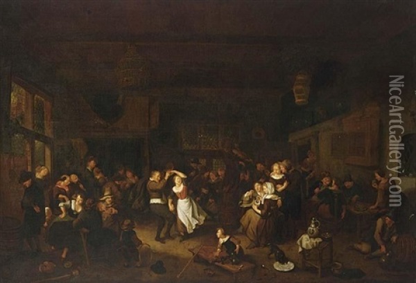 A Peasant Feast In An Inn, With A Couple Dancing And Other Peasants Drinking, Eating And Playing Music Together With Children Oil Painting - Richard Brakenburg