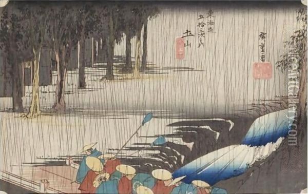 Rain Scene of Tsuchiyama Oil Painting - Utagawa or Ando Hiroshige