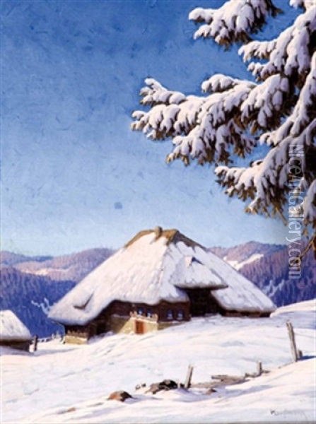 Bauernhaus In Sonniger Winterlandschaft (schwarzwaldlandschaft) Oil Painting - Karl Hauptmann