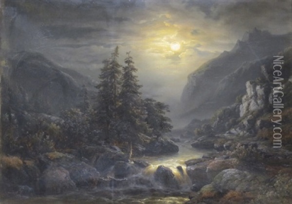 Mondschein Landschaft Oil Painting - Jacob Johann Verreyt