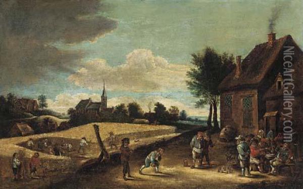 Peasants Playing Skittles Outside An Inn With Farmhands Harvestingin A Nearby Field Oil Painting - David The Younger Teniers