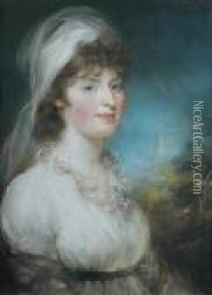 Portrait Of Mrs Sarah Clarkson (nee Vowell) ( 1771 -1819) In A 
White Dress And Headdress Oil Painting - John Russell