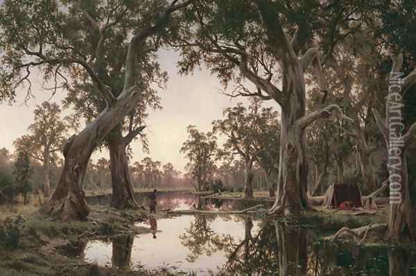 Evening Shadows Backwater of the Murray South Australia Oil Painting - Henry James Johnstone
