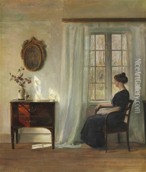 Interior With Seated Woman At The Window Oil Painting - Carl Vilhelm Holsoe