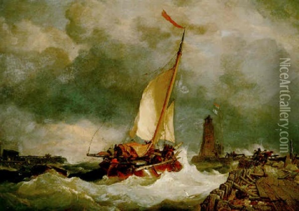 Dutch Pilots Warping Their Craft Out Of Harbour In Rough Weather Oil Painting - Edward William Cooke