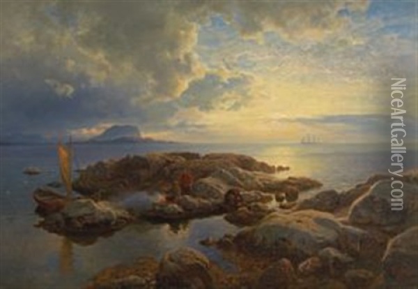 Soloppgang Ved Havet Kinn Oil Painting - Hans Frederick Gude