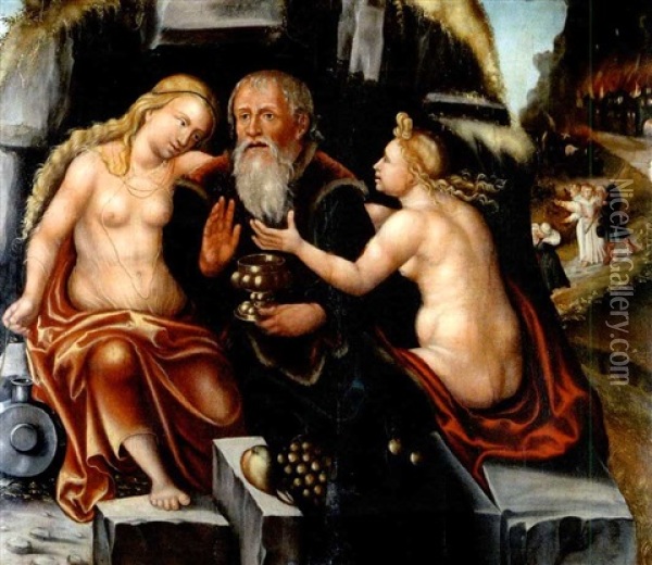 Lot Und Seine Tochter - Im Hintergrund Das Brennende Sodom Oil Painting - Lucas Cranach the Younger