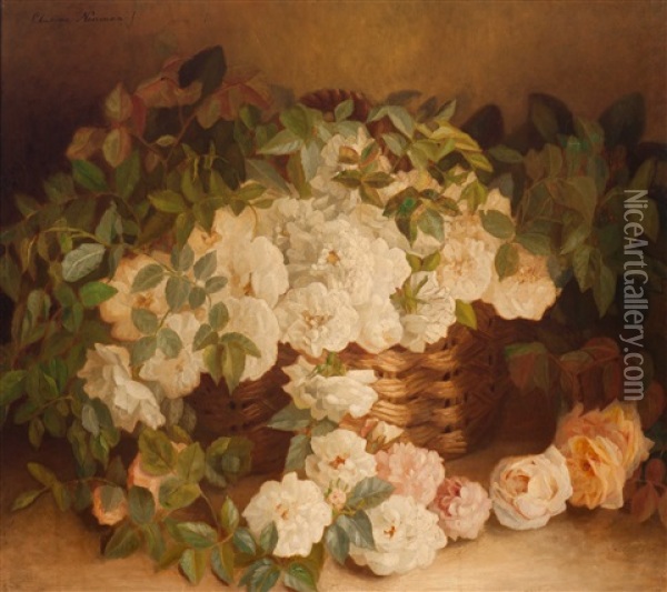 Wild Roses In A Wicker Basket Oil Painting - Clasine Carolina Frederica Neuman